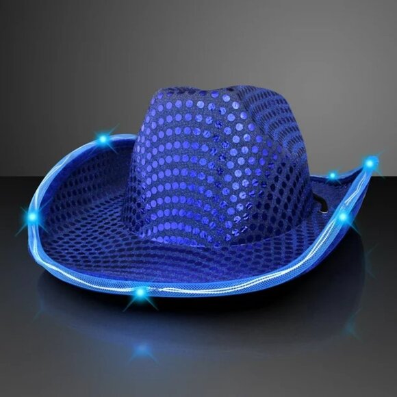 Blue‎ Sequin Light Up LED Flashing Cowboy Hat with Sequins LEDS, Cowgirl,Western - Picture 1 of 6